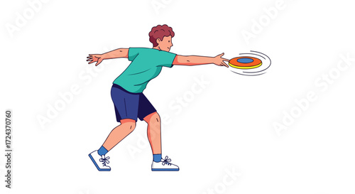 Dynamic illustration of a man throwing a frisbee with energy and precision, captured in a clean and vibrant graphic style