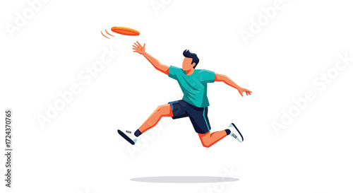 Dynamic action shot: Agile man leaping to catch a flying disc with outstretched arm with joy and energy illustration 154 characters