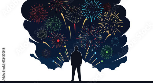 Silhouette contemplates dazzling fireworks display against a night sky backdrop brimming with wonder and celebratory fervor reaching the pinnacle of