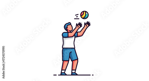 Cartoon illustration displaying a man with blue shorts playing with a colorful ball on a pristine white backdrop using a flat cartoon art style
