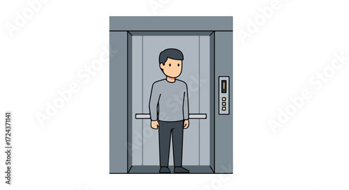 Cartoon illustration showing a man standing calmly in a gray elevator waiting to arrive at his destination destination on the next floor inside a