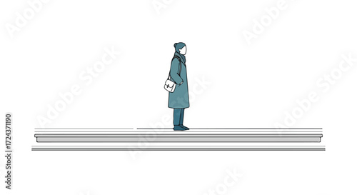 Minimalist depiction of a solitary female figure standing on parallel lines with a blank backdrop capturing urban solitude and introspection