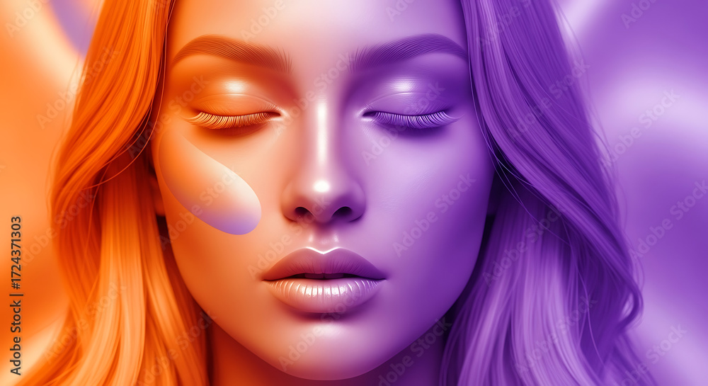 Fototapeta premium Woman with closed eyes in a surreal portrait with orange and purple lighting