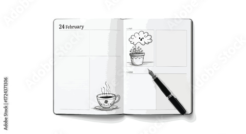 Open Diary Showing February 24th with Pen, Doodle Plant and Coffee Cup on White Backdrop, Ideal for Personal Planning and Creative Scheduling