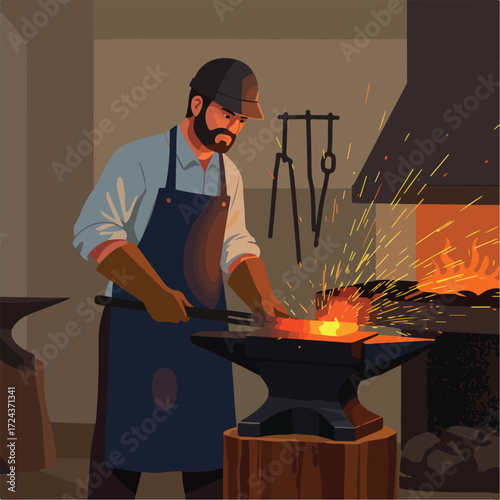 Blacksmith forging hot metal on anvil, sparks flying, near burning furnace