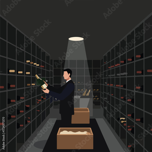 Sommelier inspecting a wine bottle in a dimly lit, full wine cellar