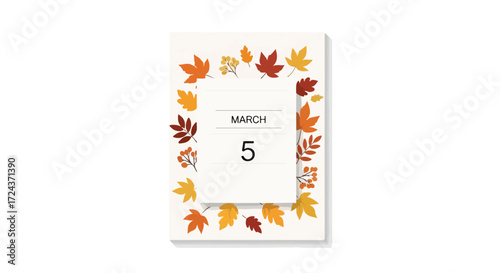 Stylized calendar page for March 5 featuring autumnal leaves frame, suggesting a seasonal event or reminder on a simple background