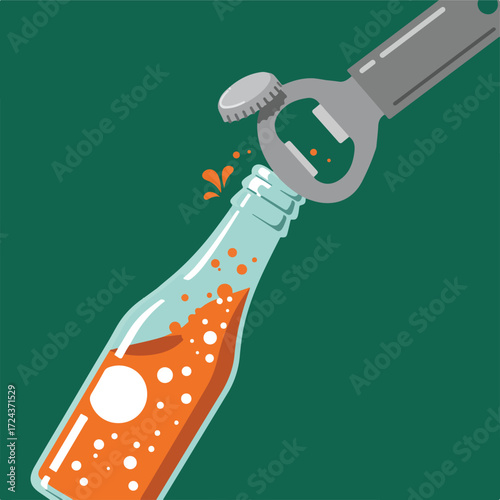 Bottle being opened with a bottle opener, orange liquid, against a green background