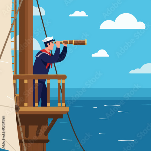 Sailor on ship lookout with telescope, ocean & sky background, flat design