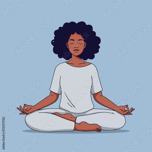 Woman meditating in lotus position, wearing white on blue background