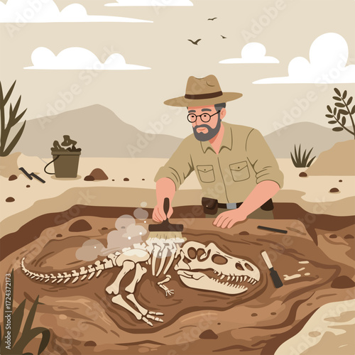 Paleontologist brushes dust off dinosaur skeleton in desert dig site