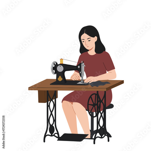 Woman sewing using an old-fashioned treadle sewing machine on a white background