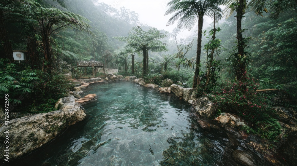 Naklejka premium Tranquil hot spring nestled in a misty, lush rainforest