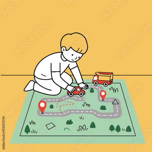 Child plays with toy cars on map