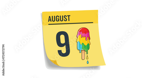 August 9th calendar page with melted popsicle illustration represents a warm summer date occasion reminder appointment or holiday themed graphic