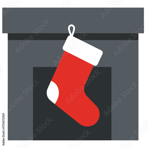 Gray fireplace with a red & white stocking hanging