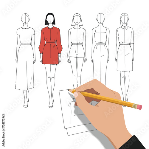 Fashion sketch hand with pencil drawing dress on models