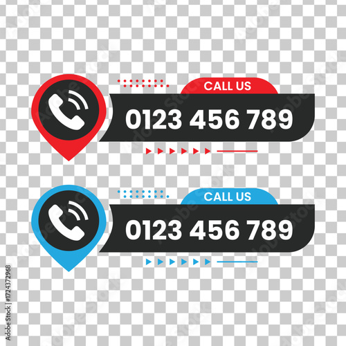 Call us button set with phone icon and number for contact, isolated on transparent background
