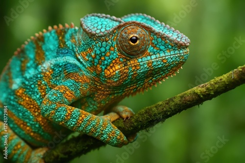 Color drenched chameleon perched on tropical branch showing iridescent scales and curious gaze lush jungle bokeh wildlife showstopper for editorial and education