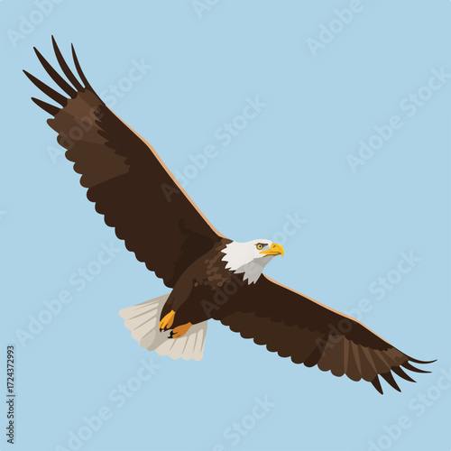 Bald eagle soars in a flat design against pale blue sky, wings spread