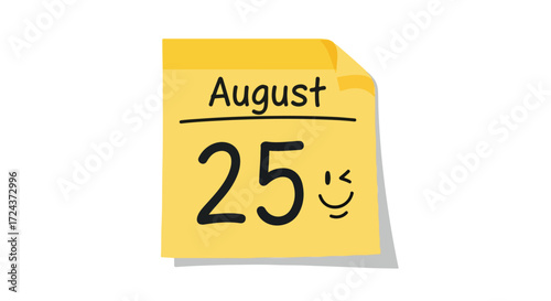 Cheerful yellow August 25th calendar illustration with a smiley face reminder marking the special date indicating festivity and celebration of summer