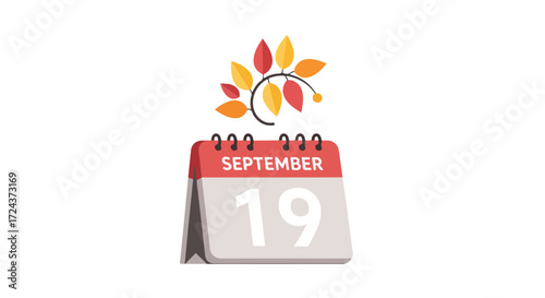 Autumnal Date Illustration: September 19th Calendar Page with Seasonal Leaf Adornment, isolated on white, vibrant and appealing illustration