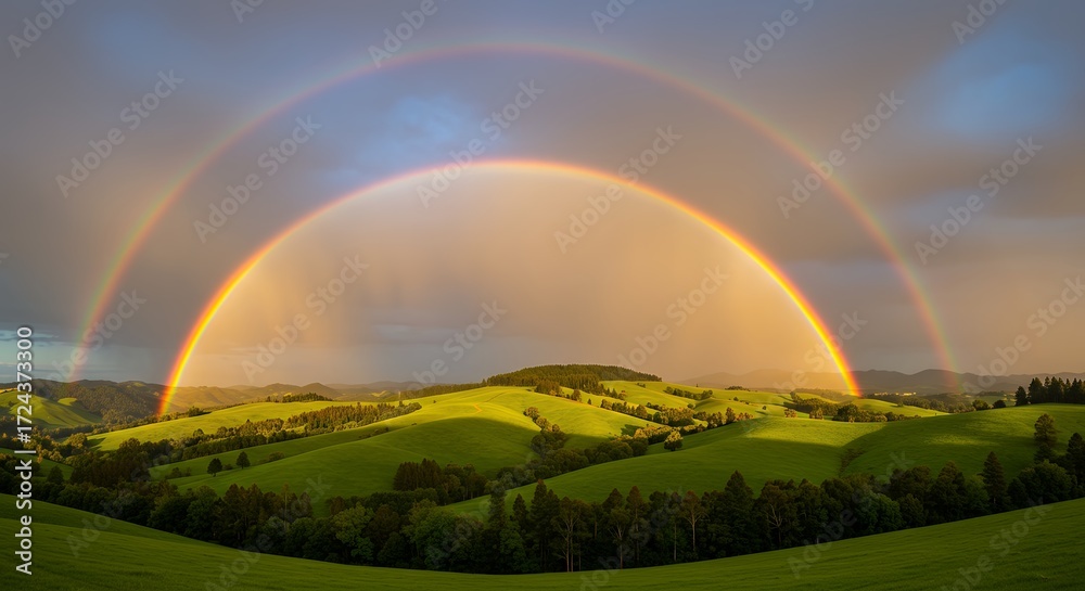 Fototapeta premium Vivid Full Rainbow Over Lush Green Hills