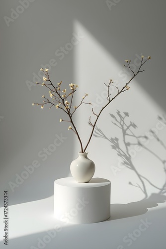 Minimalist ceramic vase with delicate dried branch casting shadow on white pedestal in soft natural sunlight, modern still life composition for interior, design, and decor concepts