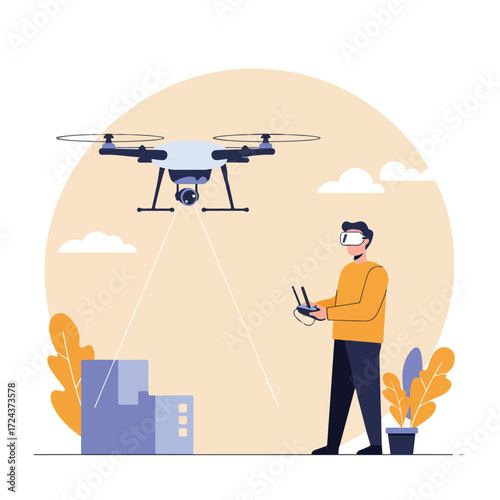 Man in VR headset controls a drone which surveys blue blocks