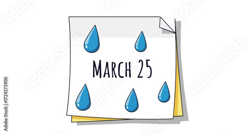 Calendar illustration with March 25th marked by raindrops, depicting a rainy day or symbolizing scheduled weather events on a white background