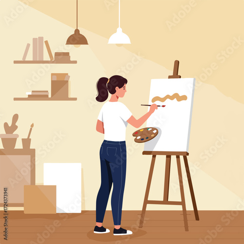 Young woman painting on canvas with easel in studio room, creating art