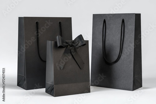 Three black gift bags on a white background