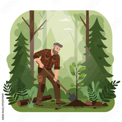 Man planting a tree in a forest with shovel