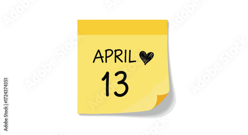 Illustrative reminder note displays April 13th marked with a heart, symbolizing special occasions or beloved spring dates