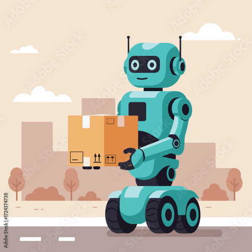 Teal robot delivering a package on a street