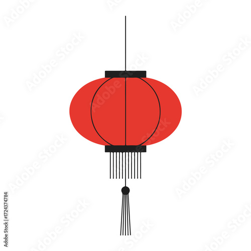 Minimalist, red Asian lantern with black fringe and tassel on a white background