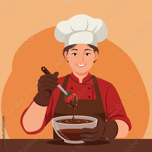 Cheerful chef dips strawberry in chocolate bowl