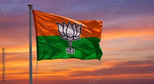 BJP Party Flag Waving Against Vibrant Sunset Sky