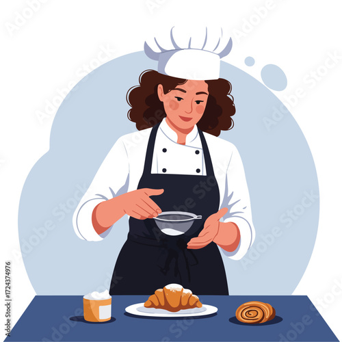 Baker dusting powdered sugar onto pastry, wearing chef's hat and apron