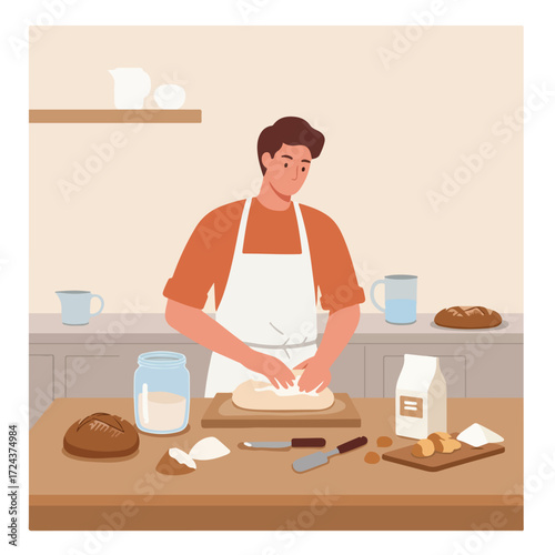 Baker kneading dough at a kitchen counter with ingredients and baked loaf