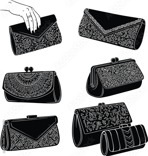 Elegant clutch purse vector set with floral, geometric, decorative fashion handbag illustrations for women accessories, boutique, luxury style design