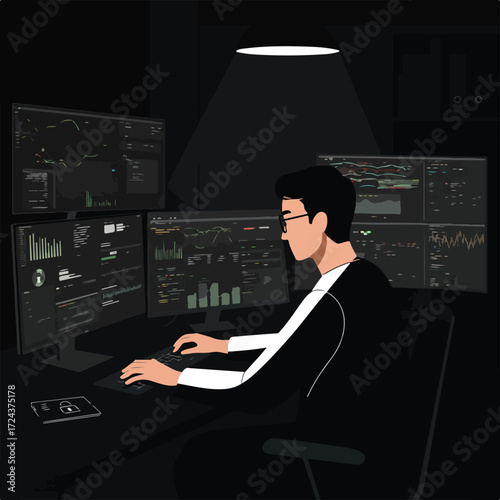 Coder at desk surrounded by monitors displaying charts & data in the dark