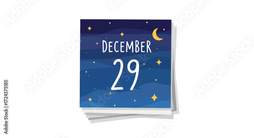 December twenty-ninth date calendar illustration, depicting cartoonish night sky style with crescent moon and stars indicating date notification or