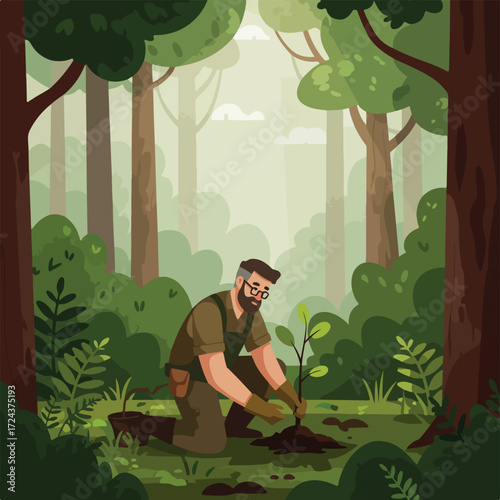 Man planting tree seedling in forest