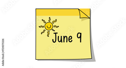 Sunny yellow sticky note illustration for June 9th reminder with cheerful sun doodle representing summer day planning and organization