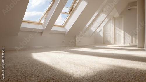 Bright attic room with large skylights