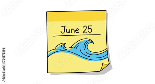 Stylized June 25th Date with Wave Illustration on a Yellow Sticky Note Reminder for Summer