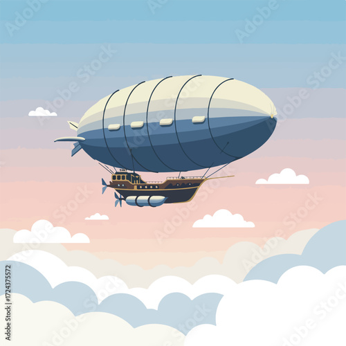 Steampunk zeppelin floats in a cloudy sky