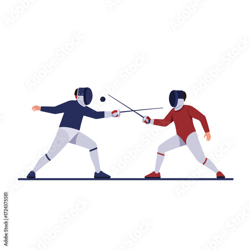 Two fencers face off, swords crossed, in fencing gear, ready to strike