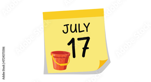 July 17th summer time beach holiday marked on calendar with bucket illustration reminding vacation anticipation